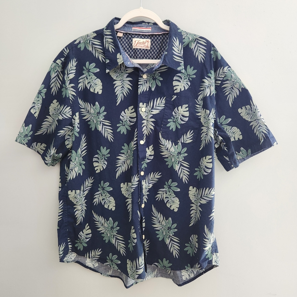 Jachs NY Tropical Blue Short Sleeve Button Up Shirt With Green Leaf Print